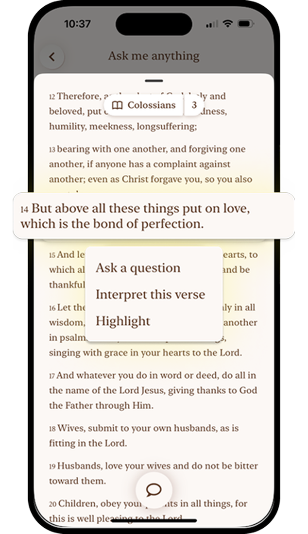 Haven Bible reader with a verse selected and options to ask a question or interpret it