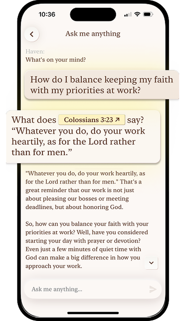 Haven AI Bible chat answering a question about faith and work with a cited Bible verse